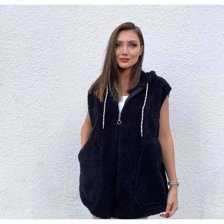 Kadın Kapüşon Ve Fermuar Detay Welsoft Kolsuz Yelek