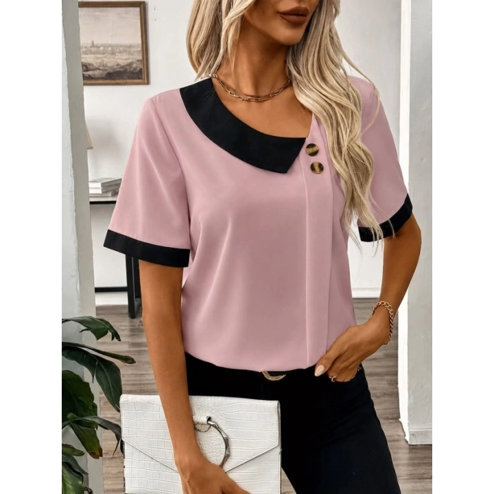 Kadın Kısa Kollu Asımetrik Yaka Detaylı Düğmeli Dubai Bluz