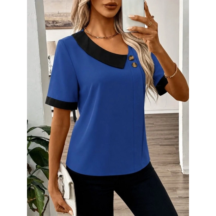 Kadın Kısa Kollu Asımetrik Yaka Detaylı Düğmeli Dubai Bluz