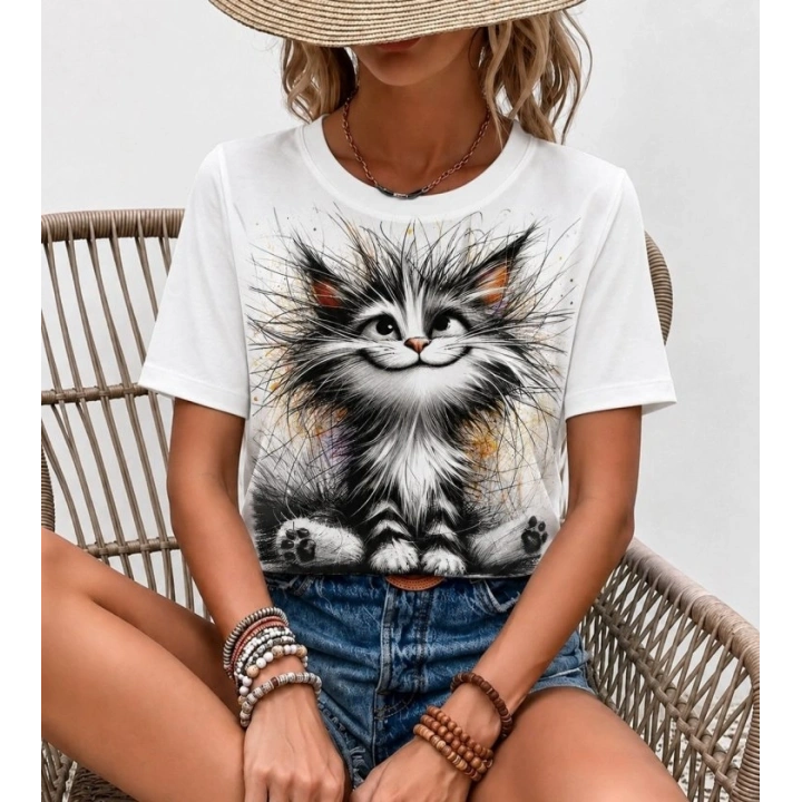 Kadın Kısa Kollu Bisiklet Yaka Kedi Baskılı Süprem Bluz