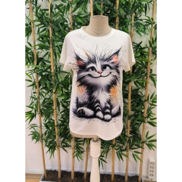 Kadın Kısa Kollu Bisiklet Yaka Kedi Baskılı Süprem Bluz