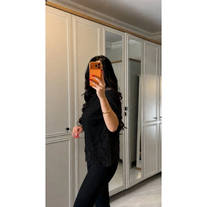 Kadın Kısa Kollu Bisiklet Yakalı Dantel Detaylı Viskon Iki Iplik Bluz