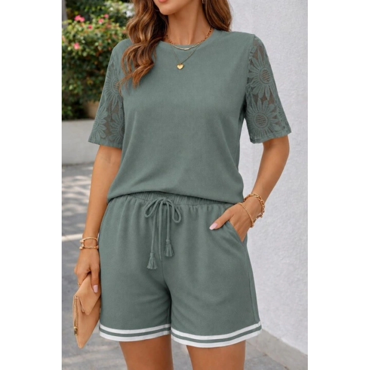 Kadın Kısa Kollu Bisiklet Yakalı Waffle Bluz Ve Short Ikili Takım