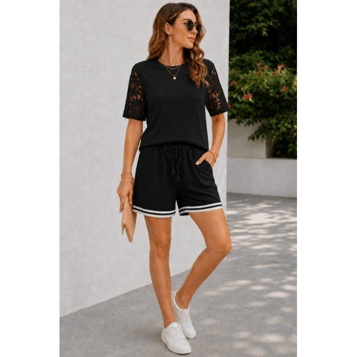Kadın Kısa Kollu Bisiklet Yakalı Waffle Bluz Ve Short Ikili Takım