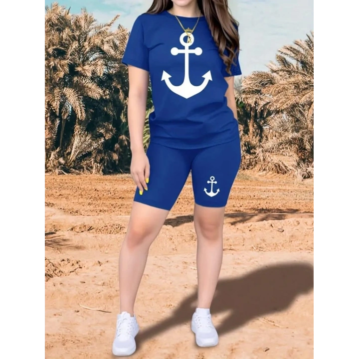 Kadın Kısa Kollu çapa Baskılı Viskon Ikili Takım