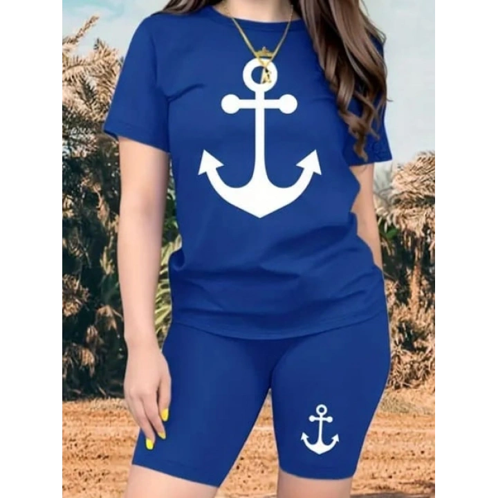 Kadın Kısa Kollu çapa Baskılı Viskon Ikili Takım