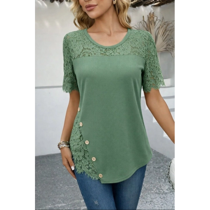Kadın Kısa Kollu Dantel Detaylı Yandan Düğmeli Waffle Bluz