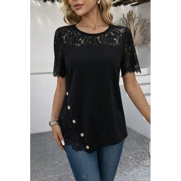 Kadın Kısa Kollu Dantel Detaylı Yandan Düğmeli Waffle Bluz