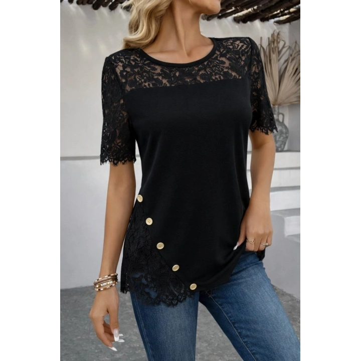 Kadın Kısa Kollu Dantel Detaylı Yandan Düğmeli Waffle Bluz