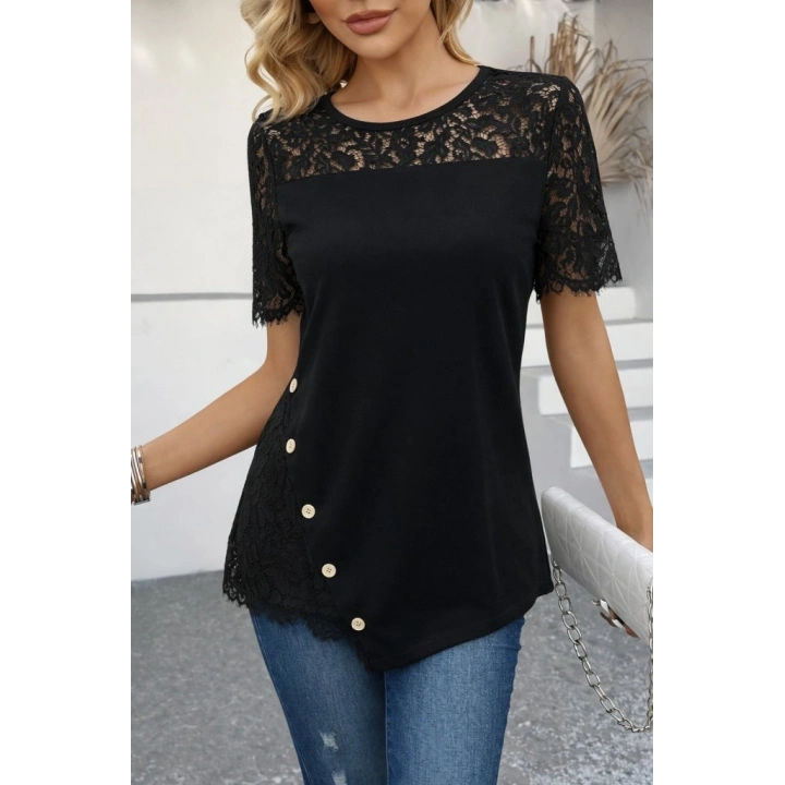 Kadın Kısa Kollu Dantel Detaylı Yandan Düğmeli Waffle Bluz