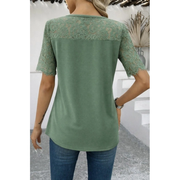Kadın Kısa Kollu Dantel Detaylı Yandan Düğmeli Waffle Bluz