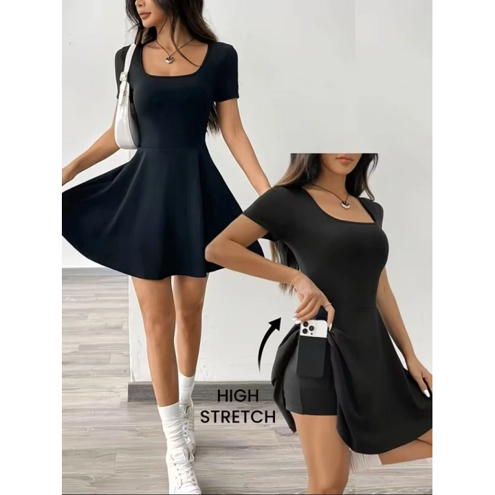 Kadın Kısa Kollu Kare Yakalı Cep Detaylı Dalgıç Elbise Tulum