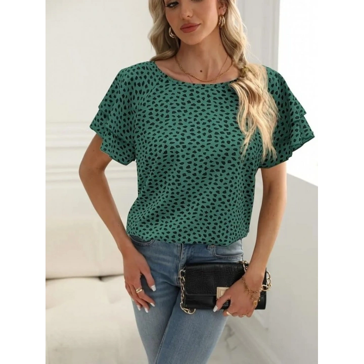 Kadın Kısa Kollu Kolları Volanlı Baskılı Süprem Bluz