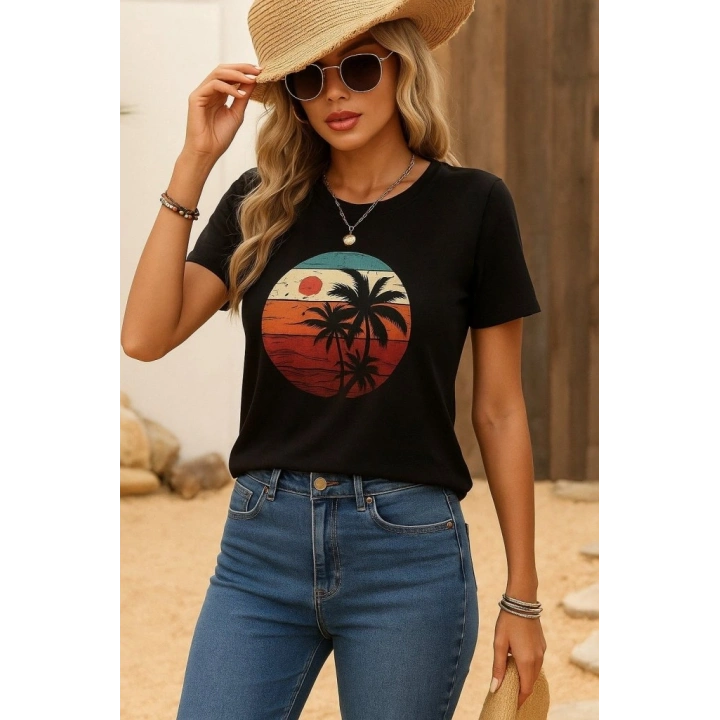 Kadın Kısa Kollu Palmiye Baskılı Viskon Bluz