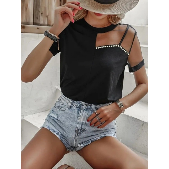 Kadın Kısa Kollu Tül Detaylı Taşlı Janjan Krep Bluz