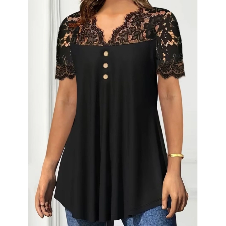 Kadın Kısa Kollu V Dantel Yakalı Düğmeli Viskon Bluz