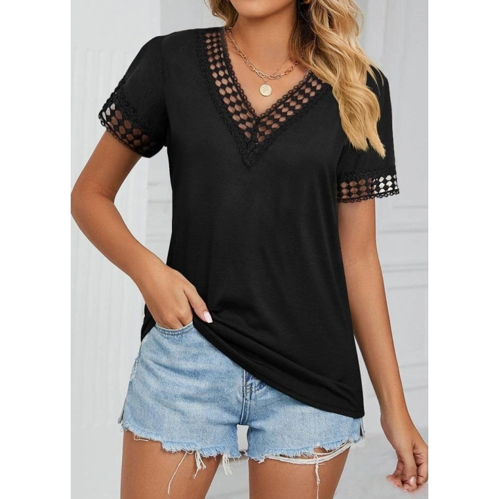 Kadın Kısa Kollu V Yaka Dantel Yakalı Viskon Bluz