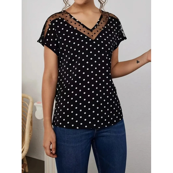 Kadın Kısa Kollu V Yaka Puantiyeli Krep Bluz