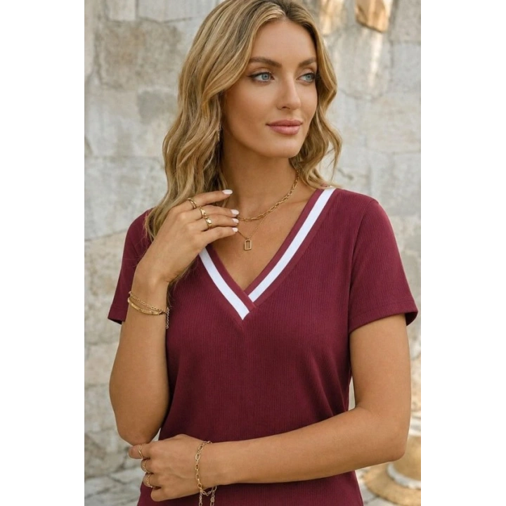 Kadın Kısa Kollu V Yakalı Bürümcük Bluz