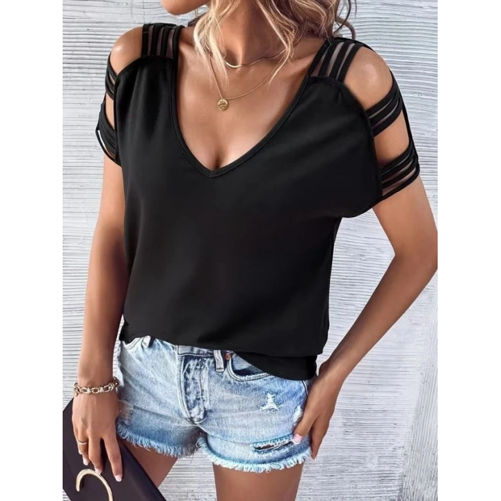 Kadın Kısa Kollu V Yakalı şerit Detaylı Viskon Bluz