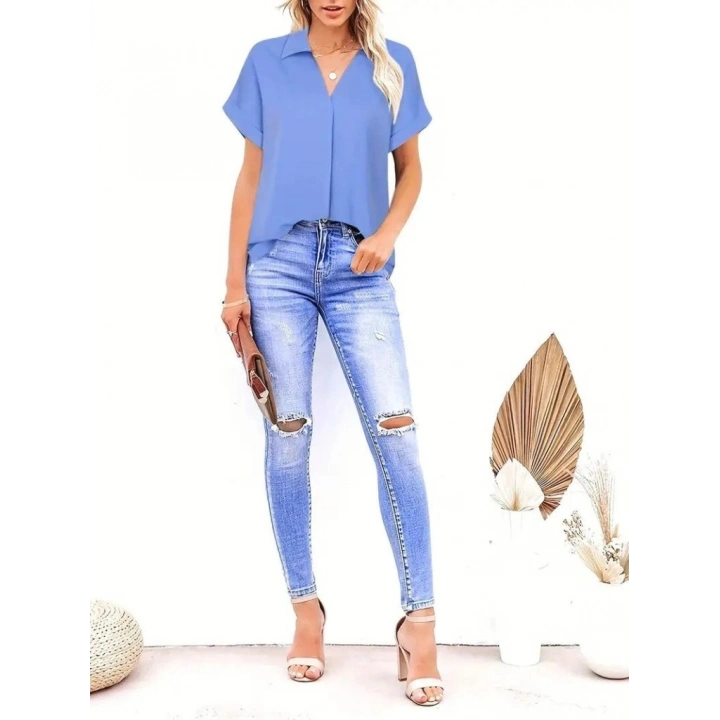 Kadın Kısa Kollu Yakalı Uzun Sandy Bluz