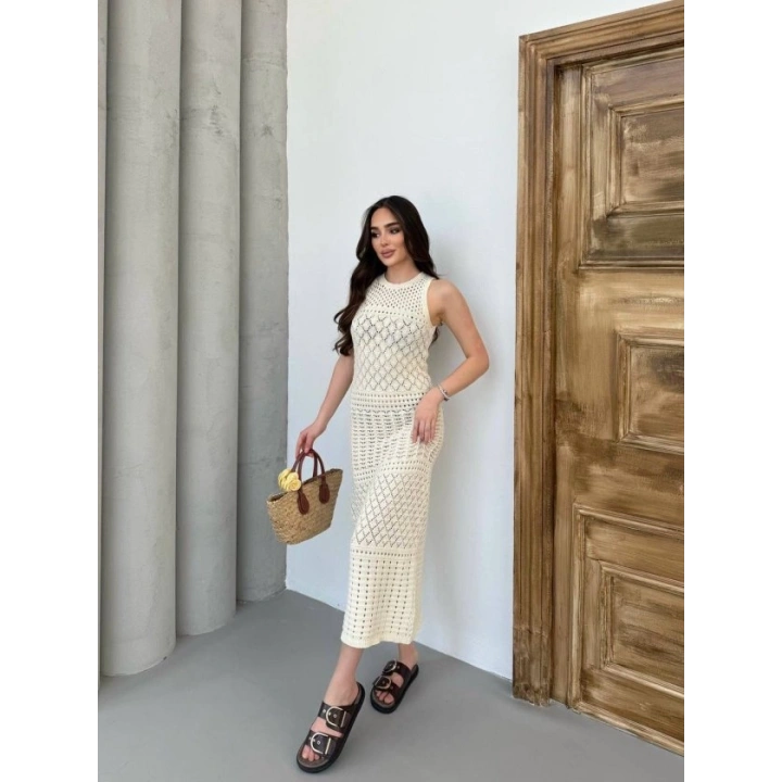 Kadın Kolsuz Kuş Gözü Teday Full Transparan Maxi Boy Elbise