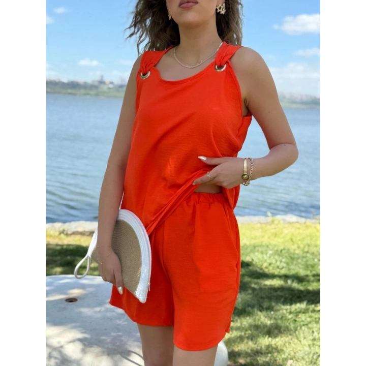 Kadın Kolsuz V Yaka Kuş Gözü Detay Bluz Short Aerobin Ikili Takım