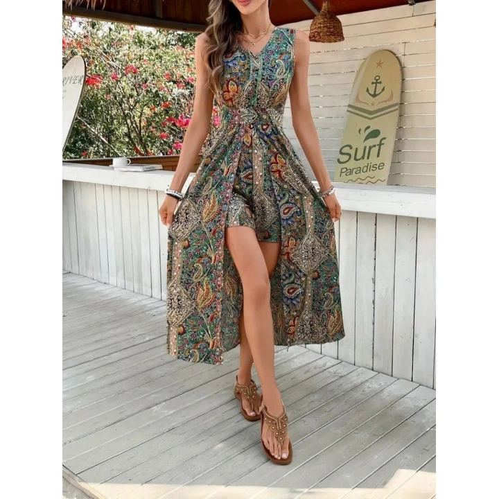Kadın Kolsuz V Yakalı Desenli Süprem Tulum Elbise