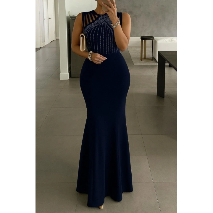 Kadın Omuz çoklu Askılı önü Taş Işlemeli Balık Kesim Janjan Krep Maxi Boy Elbise