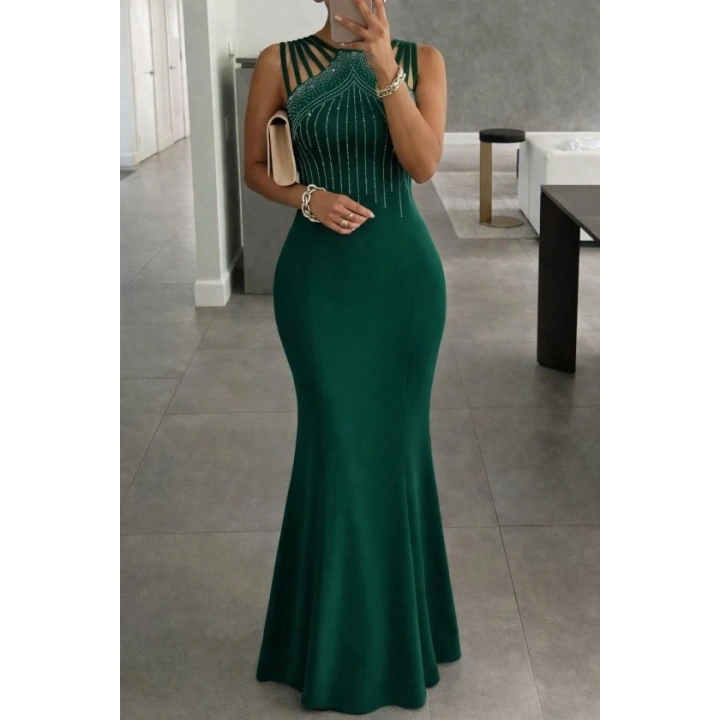 Kadın Omuz çoklu Askılı önü Taş Işlemeli Balık Kesim Janjan Krep Maxi Boy Elbise
