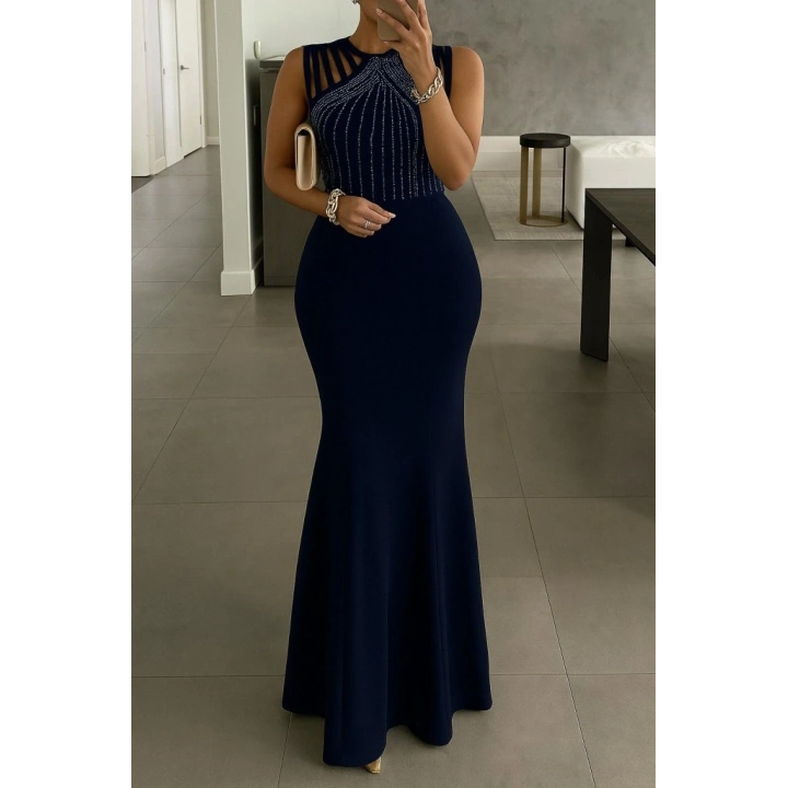 Kadın Omuz çoklu Askılı önü Taş Işlemeli Balık Kesim Janjan Krep Maxi Boy Elbise