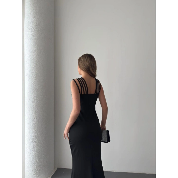 Kadın Omuz çoklu Askılı önü Taş Işlemeli Balık Kesim Janjan Krep Maxi Boy Elbise