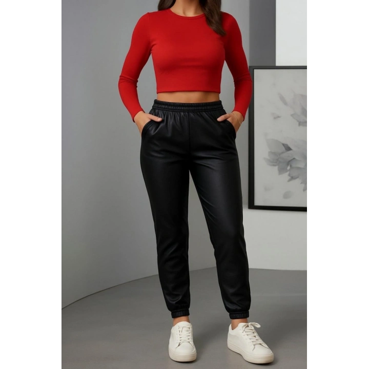 Kadın Paçası Lastikli Cep Detaylı Deri Tayt