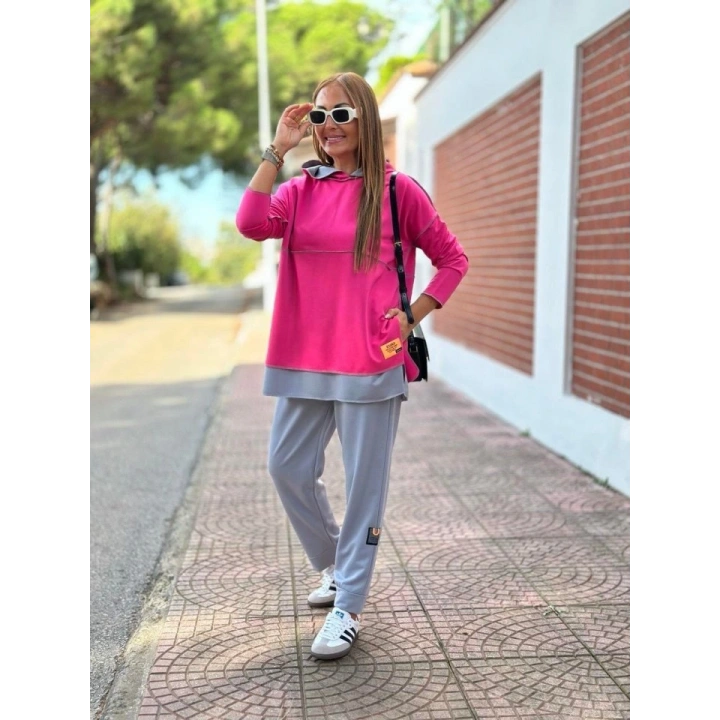 Kadın Pembe Kapşonlu Etek Ucu Detay Arma Ters Dikiş Gorunumlu Ikili Takım