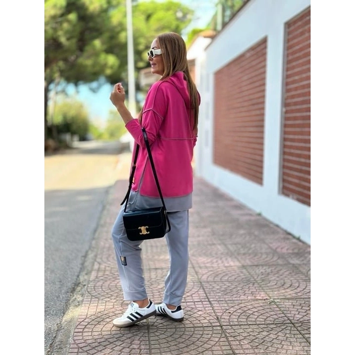 Kadın Pembe Kapşonlu Etek Ucu Detay Arma Ters Dikiş Gorunumlu Ikili Takım