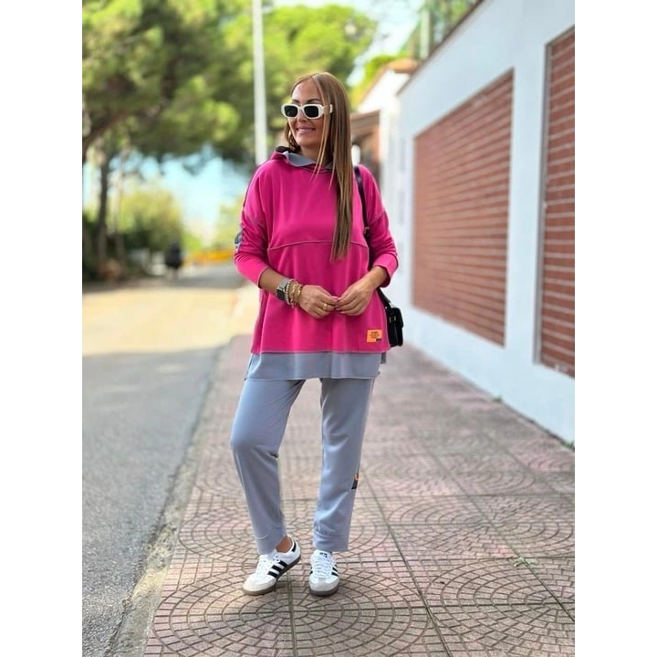 Kadın Pembe Kapşonlu Etek Ucu Detay Arma Ters Dikiş Gorunumlu Ikili Takım