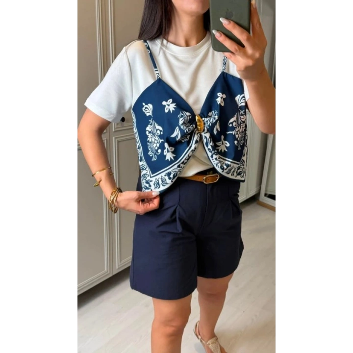 Kadın şal Desen Detay Bluz Ve Keten şort Ikili Takım