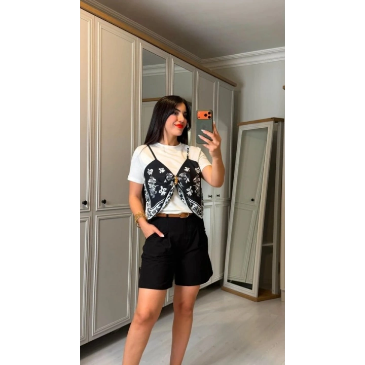 Kadın şal Desen Detay Bluz Ve Keten şort Ikili Takım