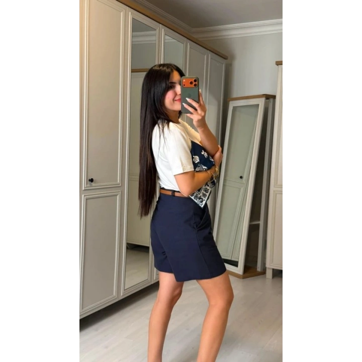 Kadın şal Desen Detay Bluz Ve Keten şort Ikili Takım