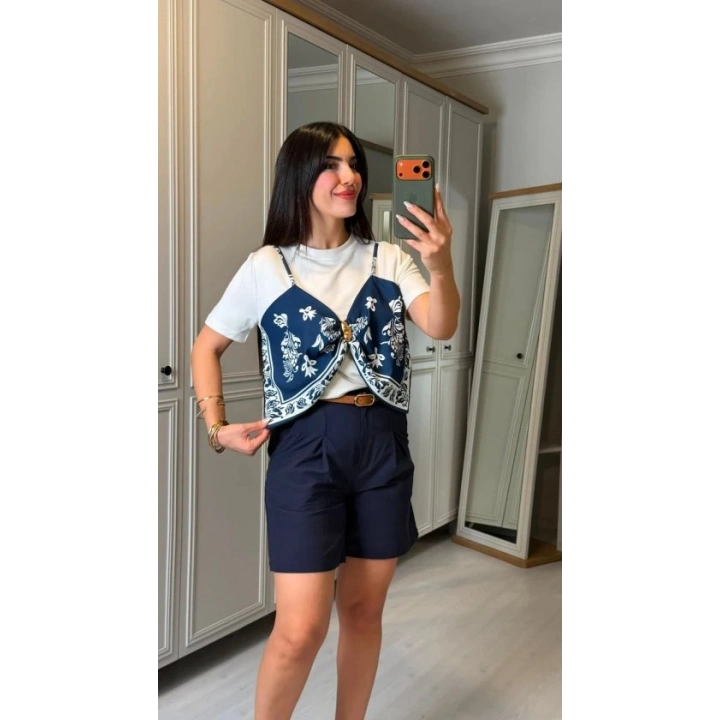 Kadın şal Desen Detay Bluz Ve Keten şort Ikili Takım