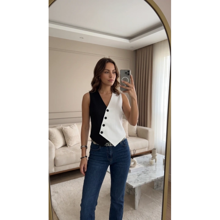 Kadın Sıfır Kol V Yakalı Düğmeli Blok Renkli Atlas Yelek