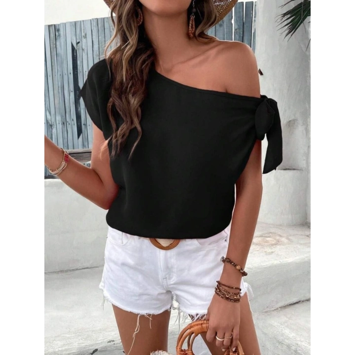 Kadın Tek Omuzu Açık Koldan Bağlamalı Janjan Krep Bluz