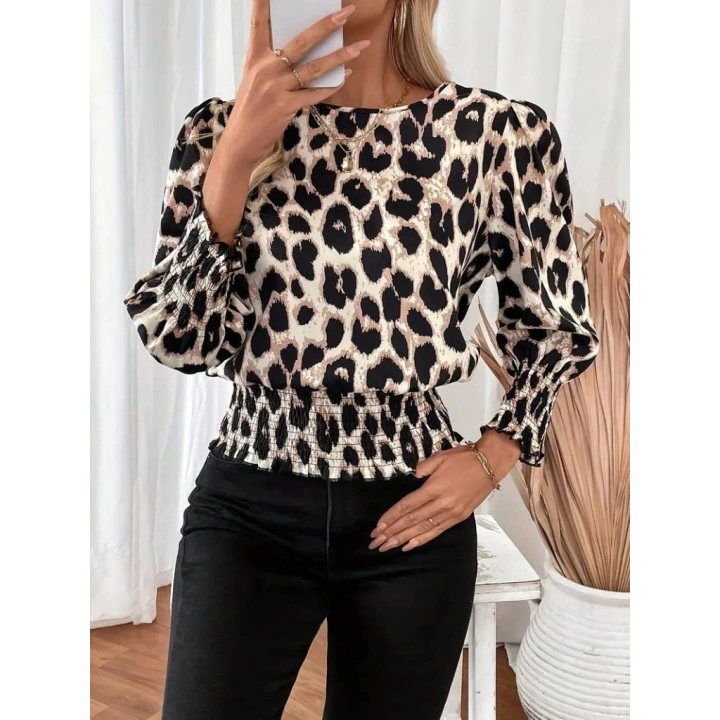 Kadın Uzun Kollu Bisiklet Yaka Leopar Desenli Modal Bluz