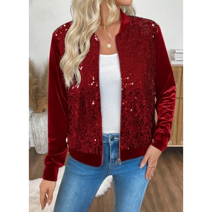 Kadın Uzun Kollu önü Açık Fermuarlı Pulpayetli Kadife Ceket