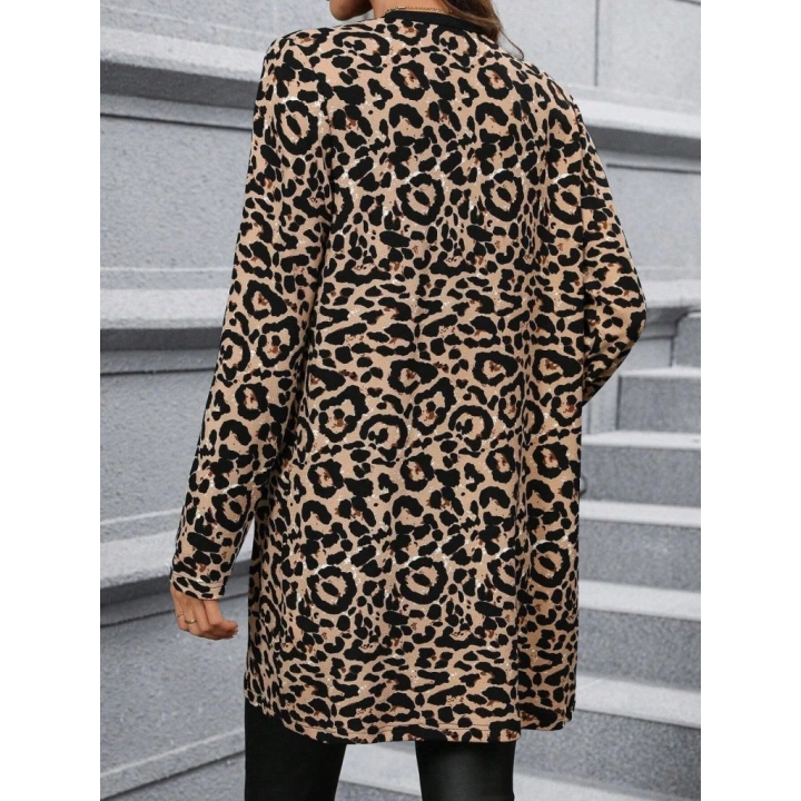 Kadın Uzun Kollu önü Açık Leopar Desenli Modal Ceket