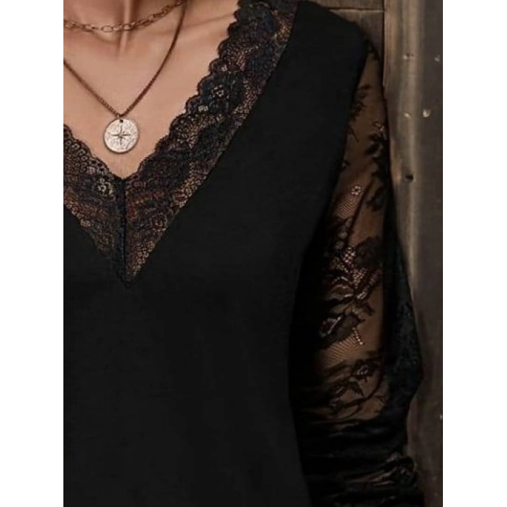 Kadın Uzun Kollu V Dantel Yakalı Viskon Bluz