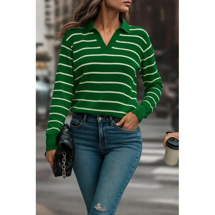 Kadın Uzun Kollu V Yaka çizgili Triko Bluz
