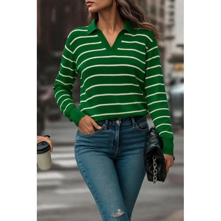 Kadın Uzun Kollu V Yaka çizgili Triko Bluz
