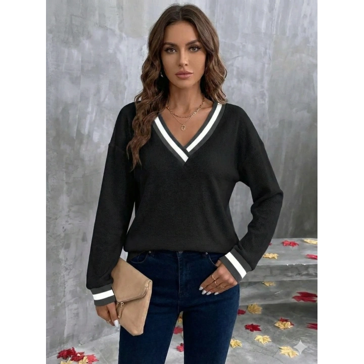 Kadın Uzun Kollu V Yakalı Waffle Bluz