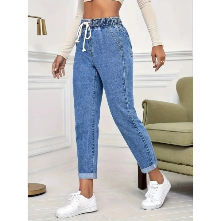Kadın Yüksek Bel Bağcıklı Kot Pantolon